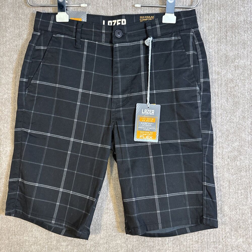 Lazer Mens Maximum Comfort Flex 9" Chino Shorts Black 28 Windowpane‎ Plaid NWT